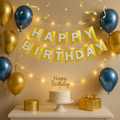 Image of Wanna Party Metallic Gold Happy Birthday Banner,Gold Party Decorations Sign for Birthday Decor,Backdrop for Birthday Decoration Items for Kids & Adults (Paper)