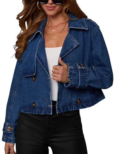 Womens Cropped Double Breasted Denim Trench Coat Vintage Notched Collar Work Office Crop Jean Jacket Belted Cuffs