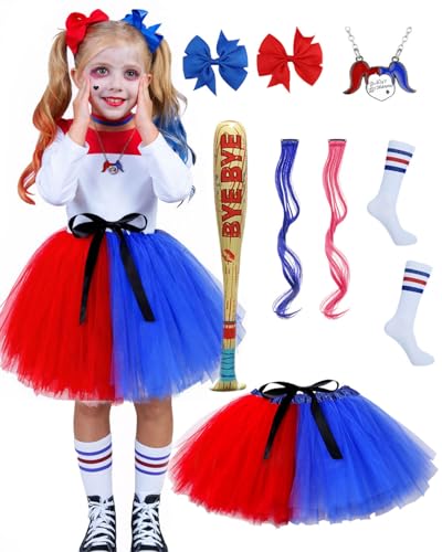 Disfarce de Quinn para crianças, Quinn Cosplay de Halloween com saia de tule tutu com laço de cabelo perucas basebol insuflável disfarce de Joker para Halloween carnaval cosplay festa
