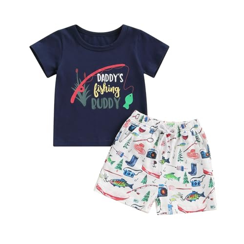 Image of Kupretty Baby Boy Clothes Toddler Summer Outfit Short Sleeve T-Shirt Tee Tops Joggers Casual Shorts 2Pcs Clothing Set (Fishing buddy-Blue, 6-12 Months)