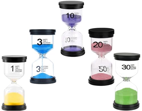5 ud Reloj de Arena Colorido-Temporizador 1/3/10/20/30 Min para Niños-Cepillado de Dientes, Cocina,Escuela,Oficina - Vidrio Borosilicato Resistente+Antichoque-Herramienta Educativa y Decoración