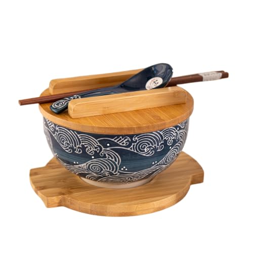 Hinomaru Collection Japanese Kamameshi Style Rice Noodle Bowl with Bamboo Lid Trivet Chopsticks and Porcelain Spoon Bowl Set (Wave)