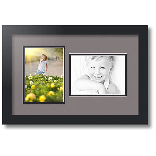 ArtToFrames Collage Photo Frame Double Mat with 2-5x7 inch Openings with Black Frame and Pewter Top Mat