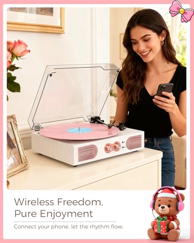 Image of Vinyl Record Player, White & Rose Gold, Built-in Speakers, 3-Speed Belt-Drive Turntable for Beginners, Easy Setup, Vintage Style Record Player Gift