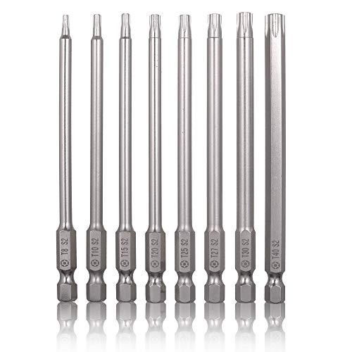 Mixiflor 8 Piece Torx Head Screwdriver Bit Set, Magnetic 1/4 Inch Hex Shank S2 Steel, 4-Inch Long Drill Bit