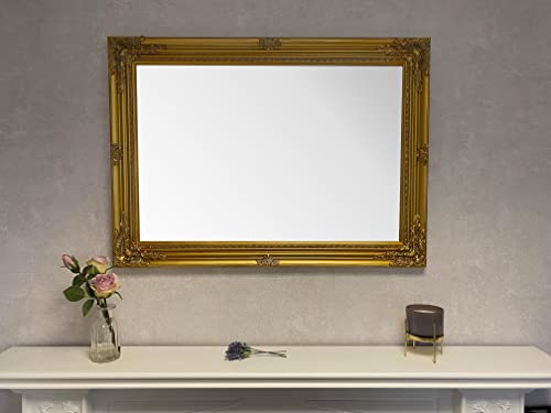 DOWNTON INTERIORS Large Antique Gold Wood Frame Wall Mirror - Overall Size: 26 inches x 36 inches (65cm x 90cm)