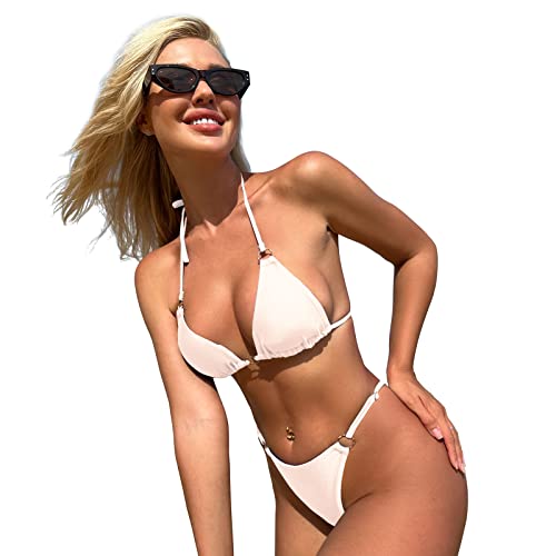MIKETAI Sexy Bikinis for Women 2 Piece Bikini Spaghetti Strap Swimsuits Solid Color Bathing Swimwear Triangle Bathing Suit (US, Alpha, Small, Regular, Regular, White) - Image 3