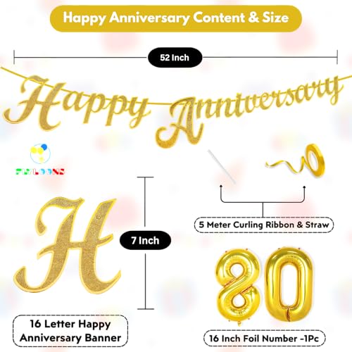 Image of Flyloons 80th Happy Anniversary Banner Gold Decorations Kit for Men Women Wedding Anniversary Banner Items without Balloons