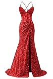 Red Sequins Prom Dresses Sparkly Corset Lace Appliques Spaghetti Straps Mermaid Long Slit Evening Gowns for Women 2025