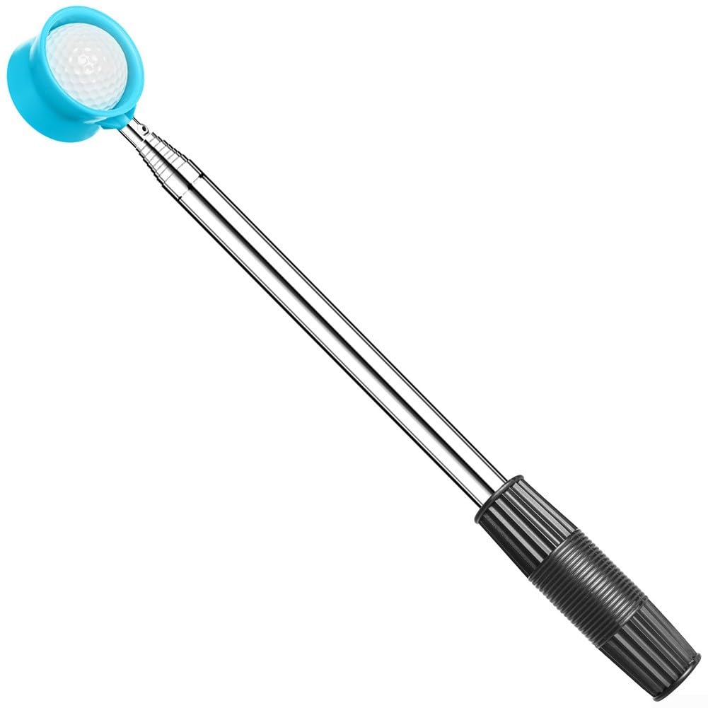 Récupérateur de balles de golf télescopique en acier inoxydable, longueur extensible de 2,7 m et 3,7 m, ramassage double face sécurisé, poignée antidérapante pour les dangers liés à l'eau (bleu 3,7 m)