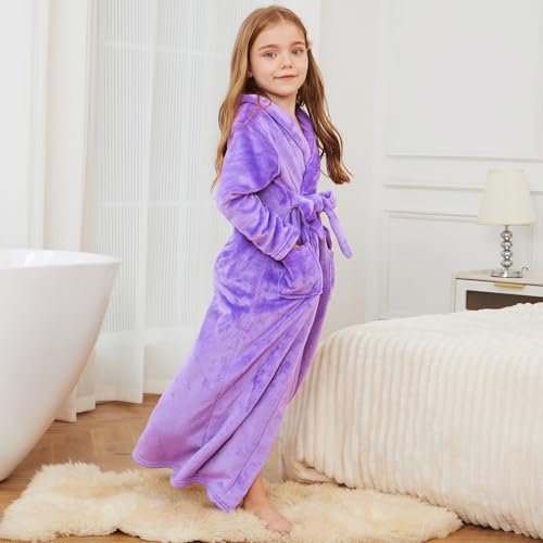 Jxstar Girls Bathrobes Kids Long Hooded Robes Plush Full Length Coral Fleece Pajamas Sleepwear3