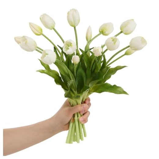 Amore Florals 15 Pcs White Tulips Artificial Flowers Faux Tulips Real Touch Latex Fake Flower Bouquet for Spring Wedding Home Décor Centerpiece Arrangements