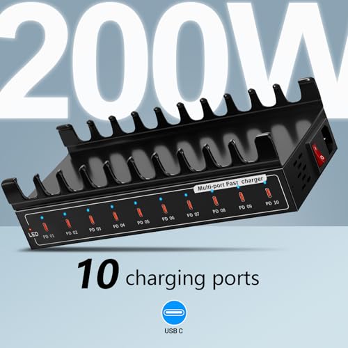 200W USB C Charging Station 10-Port Fast Charger for Multiple Devices, PD/QC Desktop Charging Hub for MacBook iPhone iPad Phones - image 8