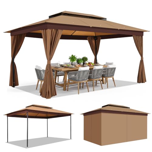 Image of COBIZI 10x15 Outdoor Patio Gazebo with Privacy Curtains, Khaki | Soft Top Gazebo Double Roof, Dual Ceiling Hooks, Privacy Curtains, Heavy-Duty Steel Frame Canopy for Backyard, Deck & Garden