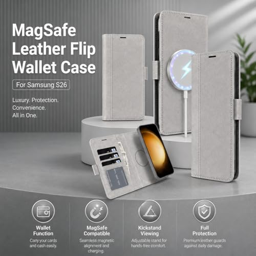 Image of FASHINA S26 Leather Flip Wallet Case with Magnetic Closure, Card Holder Slots, Shockproof Inner Cover, Premium Leather Finish for Complete 360 Protection Grey