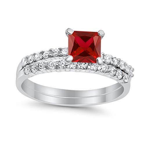 Blue Apple Co. Simulated Garnet Cubic Zirconia Size-7 Wedding Engagement Ring Band Bridal Set Princess Cut Round Simulated Cubic Zirconia 925 Sterling Silver