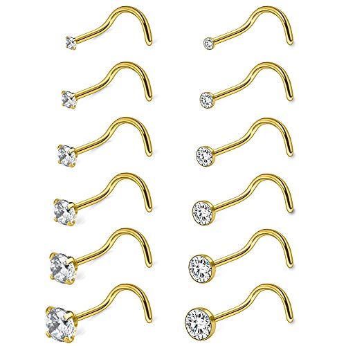 Ruifan 12Pcs 18G 316L Surgical Steel 1.5Mm 2Mm 2.5Mm 3Mm 3.5Mm 4Mm Clear Round Diamond Cubic Zirconia Crystal Nose Screw Studs Rings Piercing Jewelry - Gold #TOP13