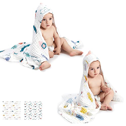 Image of bc babycare Muslin Baby Towels, 100% Cotton, Super Absorbent Hooded, 37.4 * 37.4 Inch, 2 Set for Newborns