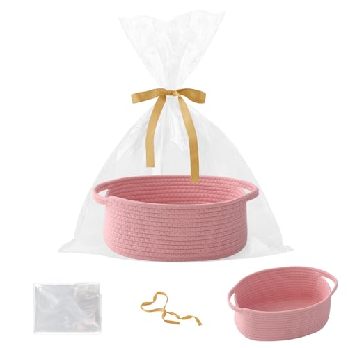 Image of Pink Woven Rope Basket - Baby Gift Basket with Bag & Ribbon