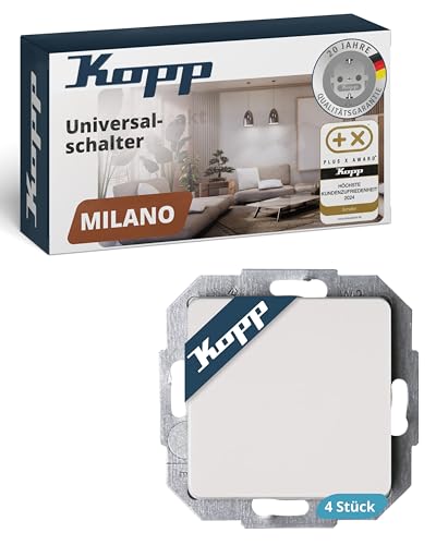 Kopp Milano Universalschalter in Weiß - 4 Stück - Lichtschalter-Unterputz mit 10AX Schaltvermögen - Hochwertiger IP20 Schalter mit Steckklemmen - Stilvoller Wechselschalter-Unterputz 250V~