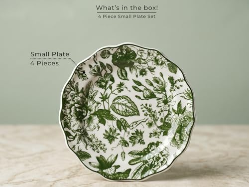 Image of Bodhi House 4-Piece Green Leaf White Porcelain Quarter Plates Set | Snack & Dessert Plates | Lightweight, Chip Resistant, | Microwave & Dishwasher Safe | Elegant Tableware for Dining & Gifting