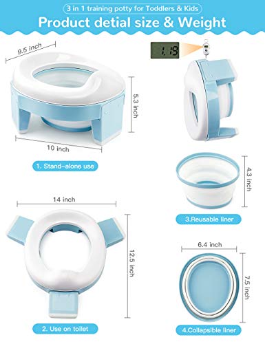 Potty Training Seat for Toddler Kids, 3-1 Portable Collapsible Toilet Seat with Storage Bag, Anti-Slip Design and Splash Guard, Potty Chair for Travel Home Car Camping Use (Blue)