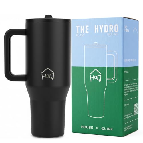 Image of House of Quirk 1200ML Tumbler with Handle & Simple Flip Straw - Car Cup Holder Friendly, Leak Resistant Stainless Steel Water Bottle with Rubber Base (Black)