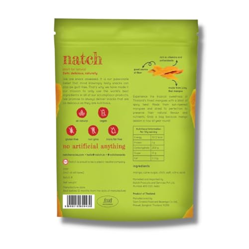 Image of Natch Dried Thai Mango Slices, Healthy Snakcs 100% All Natural, Vegan, Gluten Free, No Artificial Preservatives, Trans Fat Free, Rich in Antioxidants, Chilli and Bare Flavour, 150gm (Pack of 2)