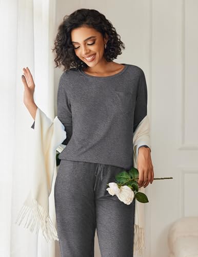 Image of Ekouaer 2 Pack Womens Pajama Sets Long Sleeve Pjs Soft Comfy Lounge Set