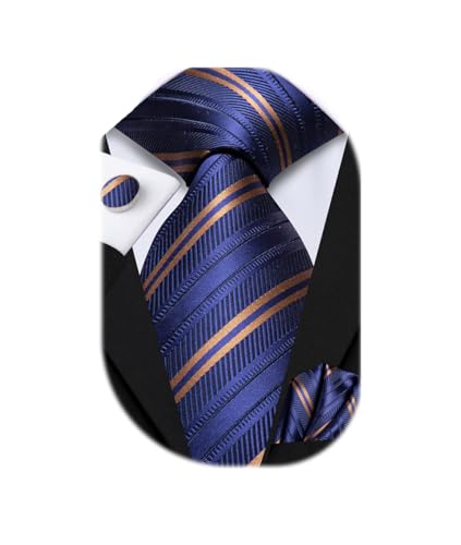 Image of Dubulle Mens Paisley Floral Silk Tie for Men Blue Brown Striped Necktie and Pocket Square Cufflinks Set Wedding Business