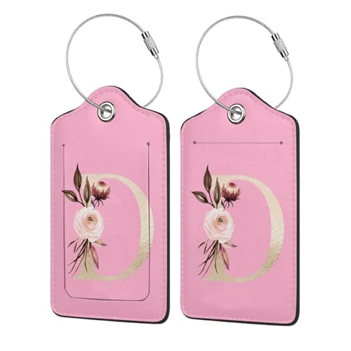Etiquetas para equipaje de cuero sintético con letras D y flores doradas, paquete de 2, para maletas, con cubierta de privacidad, etiqueta de identificación con nombre y lazo de metal para mujeres, ho