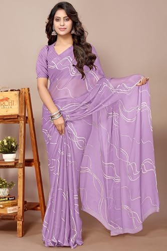 Image of MIRCHI FASHION Saree for Woman Chiffon Georgette Geometric Printed | Lightweight Farewell and Women's Office Sari with Blouse Piece
