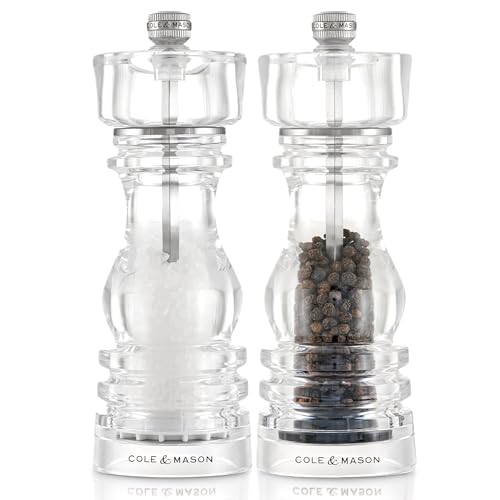 Cole & Mason London Acrylic Salt and Pepper Mill Set, 180mm, Precision+ Carbon/Ceramic Mechanisms, Salt and Pepper Grinders with Adjustable Grind, Gift Set