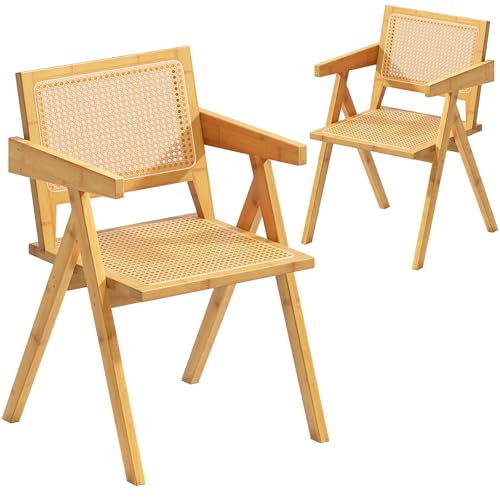 Rattan Chairs Set of 2, Bamboo Rattan Dining Chair, Solid Wood Comfy Armchairs, Woven Cane Back, Mid Century Modern Armchair, Vintage Decorative Boho Chair for Kitchen, Bedroom, Living Room, Entryway