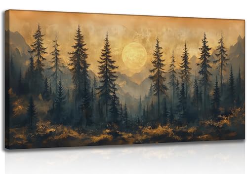 Large Mountain Forest Sunset Landscape Canvas Wall Art Abstract Boho Pine Trees Picture Wall Decor Vintage Nature Rustic Mountain Poster Sun and Moon Painting Print Artwork for Living Room Office