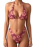 MakeMeChic Women's Polka Dots Triangle Thong Bikini Sets Floral Cute Bathing Suit Swimsuits Floral Print Brown Medium