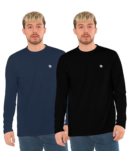 Bahob® 2 Pack Men's Long Sleeve T-Shirt Top Round Neck Full Sleeve T-Shirt Soft Cotton S-XXXL (XL, 2 Pack/Black X Navy)