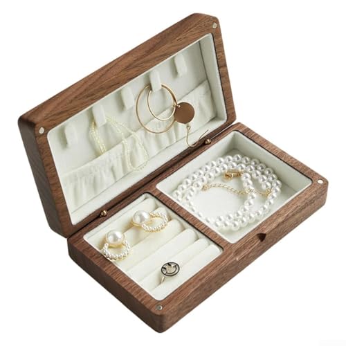 Portagioie vintage in legno massello con scomparti multipli, organizer portatile da viaggio per donne, anelli, orologi e collane (color noce-bianco)