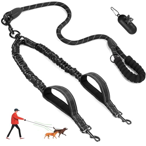 LEOSASA Double Dogs Leash - Removable Main Lead Rope with Splitter, No Tangle 2 Dog Coupler, Reflective No Pull Bungee, 3 Handle, D-Ring, Extra Long for Walk Train Medium Large Two Pet (Black)