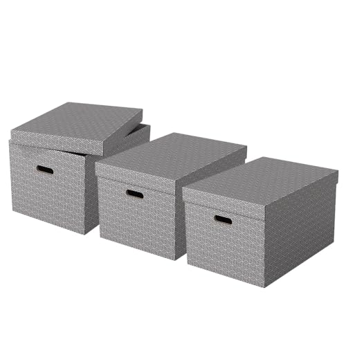 Esselte - Lot de 3 Grandes Boîtes avec Couvercle, Rangement & Organisation, 100% Carton Recyclé, 100% Recyclable, Motif Géométrique, Gris, 628287, Large