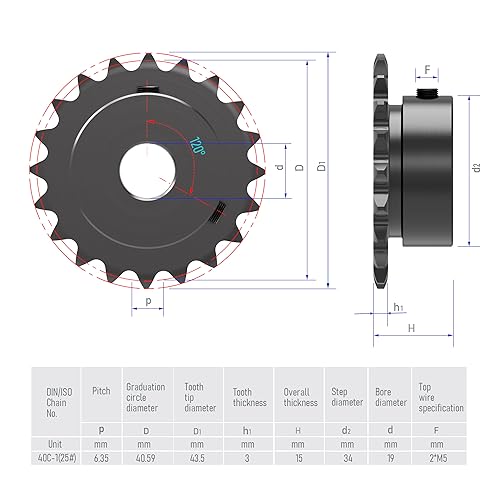 Image of 20 Tooth Roller Chain Sprocket B Type Hardened Teeth, 25 Chain Sigle Strand 1 /4-Inch Pitch, 19mm Bore Black Oxide C45 Carbon Steel with Fasten Screws for 04C Chain