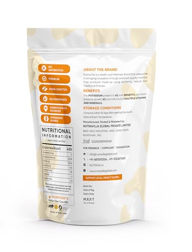 Image of NutraVilla A2 Desi Cow Milk Powder | Organic Grass Fed Whole Milk Powder | No Antibiotics, No Hormones | Rich in Protein & Calcium | Premium Natural Dairy Powder | 200g x 2 Pouches (400g Total)