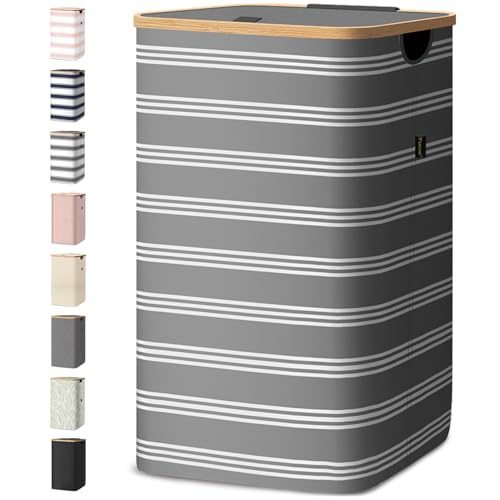 Image of BALEINE Laundry Hamper with Lid, Tall Laundry Baskets with Bamboo Pull Handles, Large Laundry Bin with Internal Support (18 Gal /70L, Grey Pinstripe)
