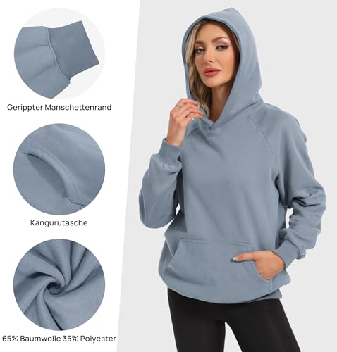 Timuspo Oversized Hoodie Casual Langarm Kapuzenjacke Bequeme Pullover Damen Baumwolle Einfarbig Sweatshirt mit Kapuze Herbst Winter Basic Hoody Blau M