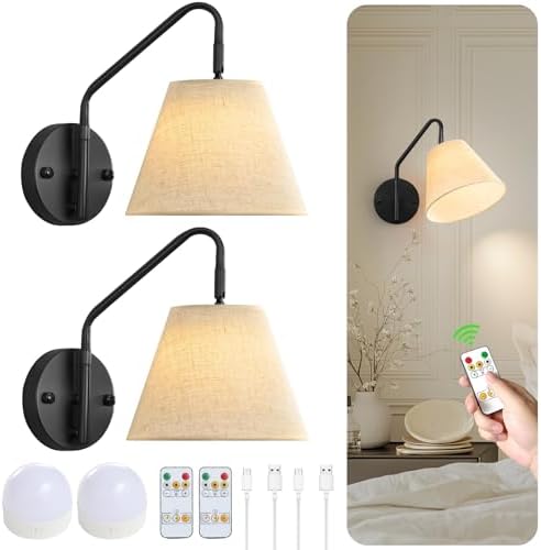 Black Wireless Wall Sconces Set of Two, Swing Arm Battery Wall Sconce, Battery Operated Wall Sconce with Remote, Battery Sconces with Linen Lampshade, Rechargeable Wall Lights for Living Room