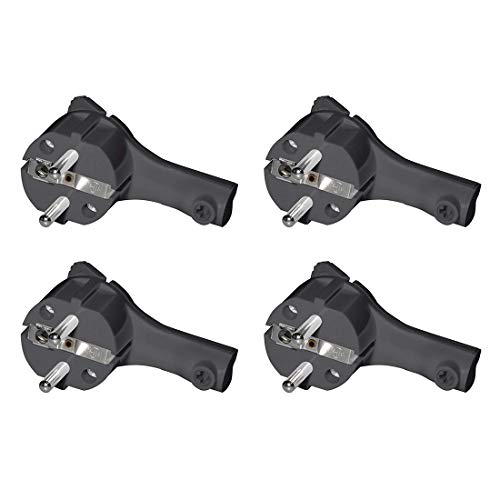 Conector acodado extraplano con asa de plástico de 8 mm de altura, mango plegable, protección contra torceduras, 250 V, 16 A, para cable de hasta 3 x 1.5 mm², CEE 7/7, 4 unidades, color negro Cover