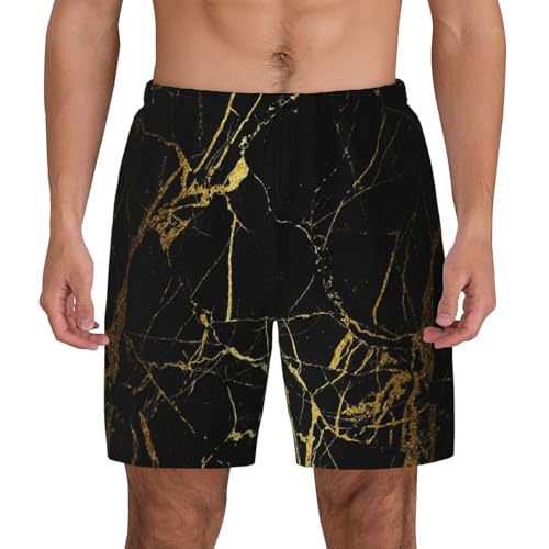 Black Gold Marble Print Men'S Bwim Trunks Beach Shorts with Compression Liner, Anti-Chafe, Quick Dry