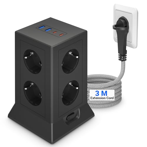 Flera Uttag Överspänningsskydd, 8-Vägs Grenuttag med USB C, Tornuttag med Platt Kontakt, Multipelkontakt Grenuttag 2M med Strömbrytare för Hemmakontor, Svart (3M)