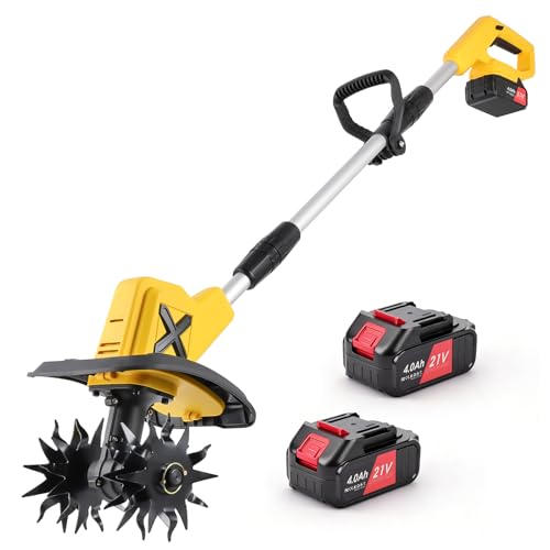 Motobineuse Électrique sans Fil - 600W, avec Batterie 2 x 4.0Ah 450 TR/Min Motoculteur Largeur 23cm Profondeur 17cm Cultivateur Puissant pour Desherbage...