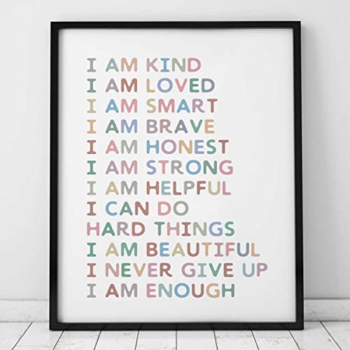 Image of Affirmations Wall Art, Gift For Kids, Kid Affirmations Wall Decor, Playroom Decor, Kids Bedroom Decor, I Am Kind I Am Enough, Nursery Decor, Colorful Wall Art, Classroom Decor, (11X14 Inch+Framed)